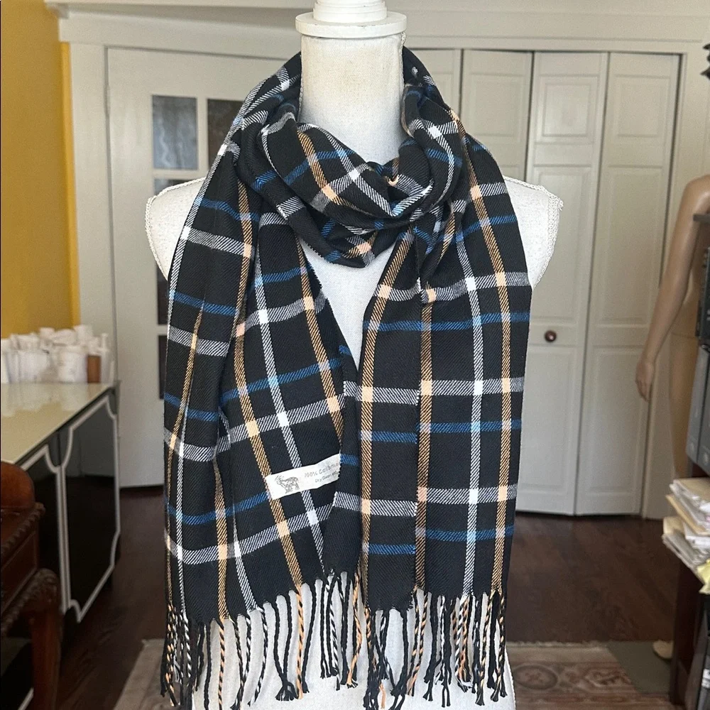 100% Cashmere Black and Blue Plaid Scarf with Fringe